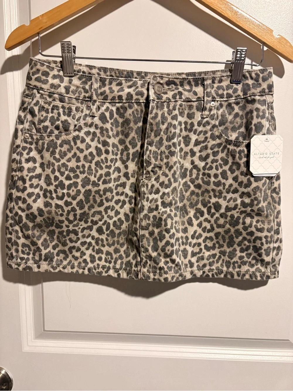 Altar'd State Leopard Print Denim Mini Skirt - Cream and Gray